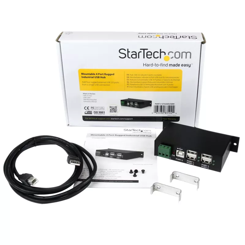 StarTech.com 4 prievadų USB 2.0 centras - metalinis pramoninis USB-A centras - montuojamas ant DIN bėgio, sienos ar stalo - TAA atitinkantis USB išplėtimo centras