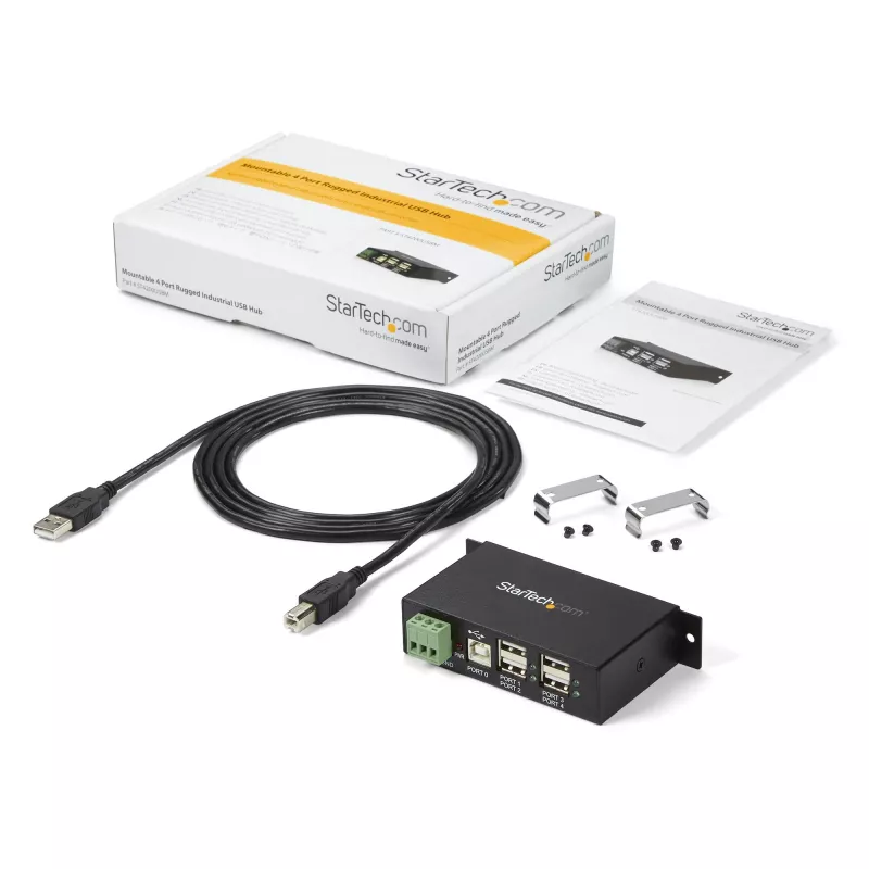 StarTech.com 4 prievadų USB 2.0 centras - metalinis pramoninis USB-A centras - montuojamas ant DIN bėgio, sienos ar stalo - TAA atitinkantis USB išplėtimo centras