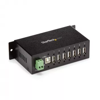 StarTech.com 7 prievadų USB 2.0 centras – metalinis pramoninis USB-A centras su ESD apsauga ir 350W apsauga nuo viršįtampių – tvirtinamas ant DIN bėgio, sienos ar stalo – TAA atitinkantis USB plėtiklis