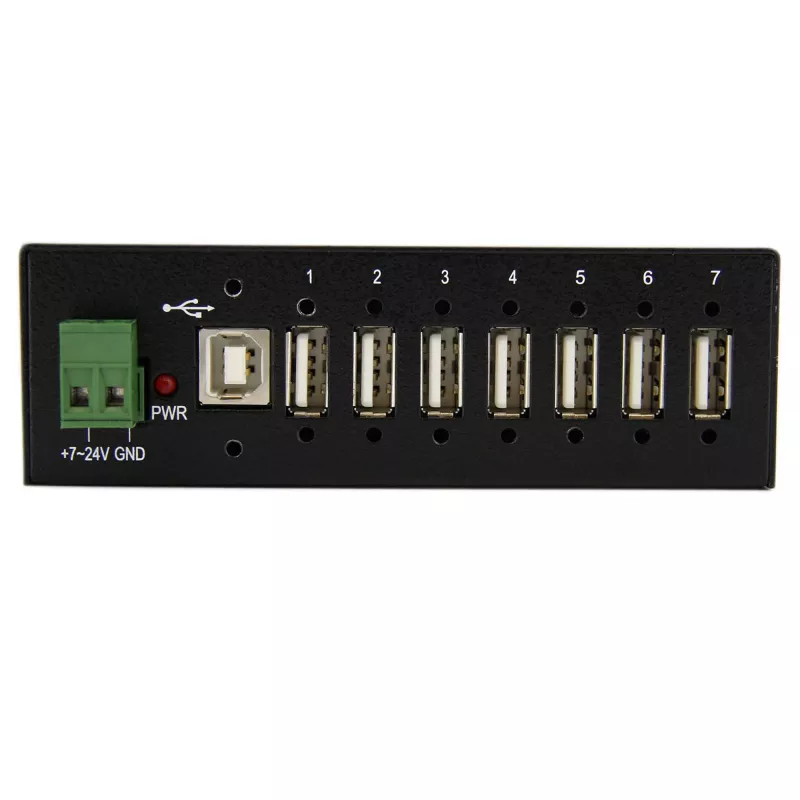 StarTech.com ST7200USBM pramoninis 7 prievadų USB 2.0 šakotuvas, metalinis korpusas, ESD ir viršįtampių apsauga, montuojamas ant DIN bėgelio, sienos ar stalo, 7–24 V DC, TAA, juodas