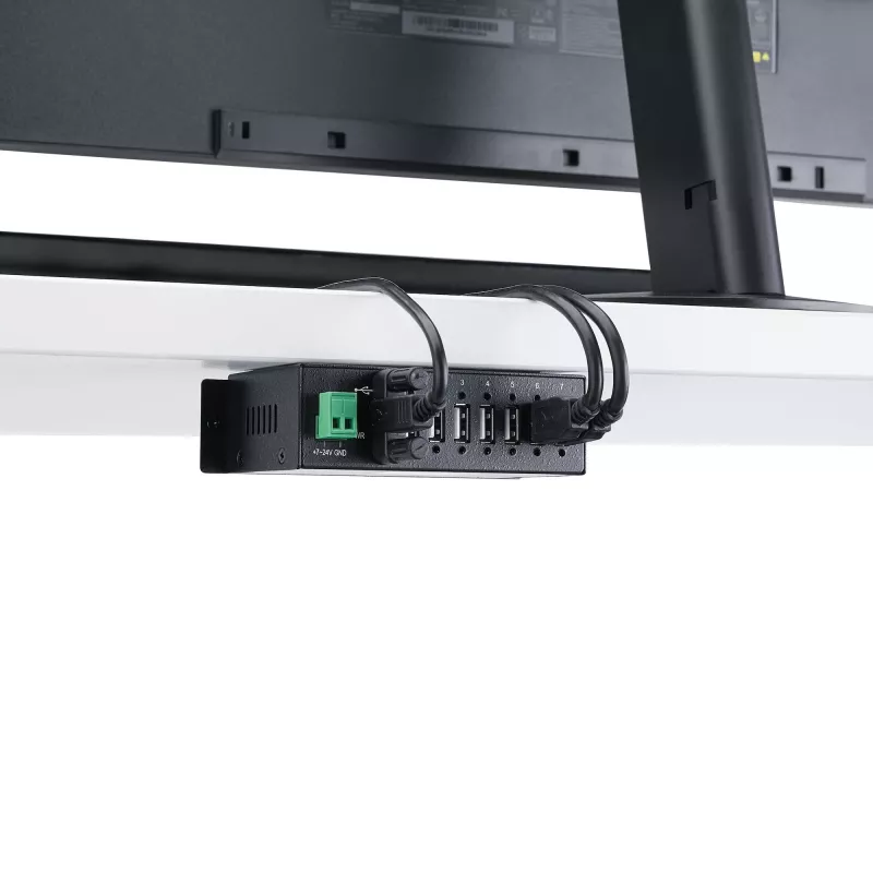 StarTech.com ST7200USBM pramoninis 7 prievadų USB 2.0 šakotuvas, metalinis korpusas, ESD ir viršįtampių apsauga, montuojamas ant DIN bėgelio, sienos ar stalo, 7–24 V DC, TAA, juodas