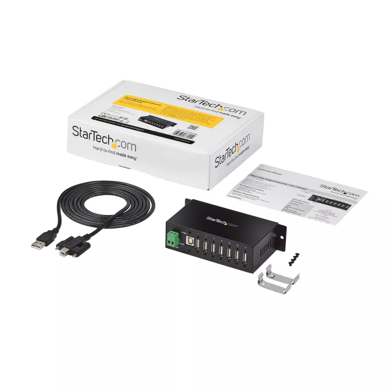 StarTech.com ST7200USBM pramoninis 7 prievadų USB 2.0 šakotuvas, metalinis korpusas, ESD ir viršįtampių apsauga, montuojamas ant DIN bėgelio, sienos ar stalo, 7–24 V DC, TAA, juodas