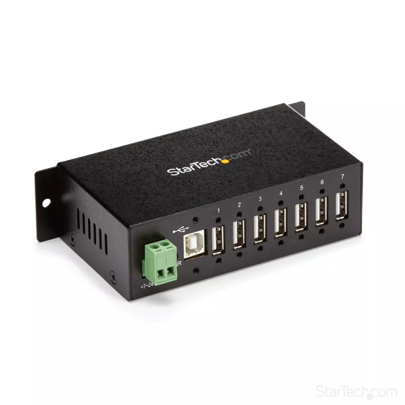 StarTech.com ST7200USBM pramoninis 7 prievadų USB 2.0 šakotuvas, metalinis korpusas, ESD ir viršįtampių apsauga, montuojamas ant DIN bėgelio, sienos ar stalo, 7–24 V DC, TAA, juodas