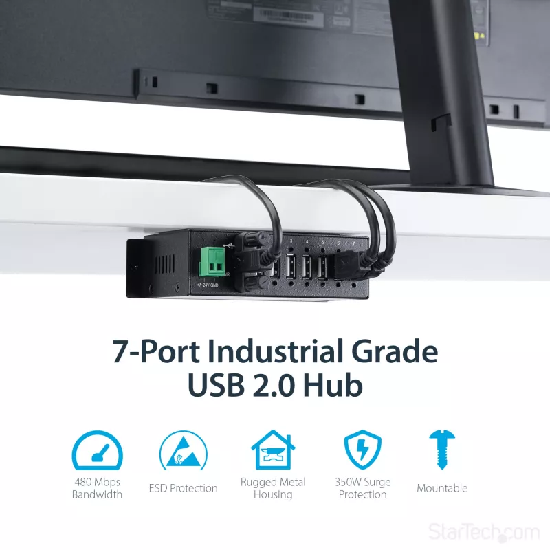 StarTech.com ST7200USBM pramoninis 7 prievadų USB 2.0 šakotuvas, metalinis korpusas, ESD ir viršįtampių apsauga, montuojamas ant DIN bėgelio, sienos ar stalo, 7–24 V DC, TAA, juodas