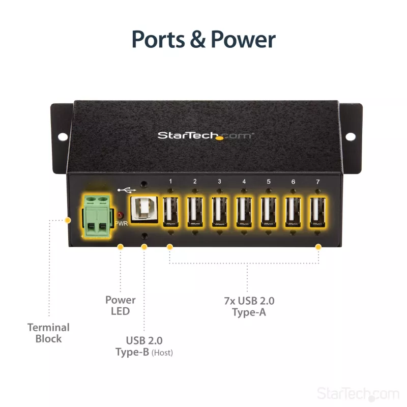 StarTech.com ST7200USBM pramoninis 7 prievadų USB 2.0 šakotuvas, metalinis korpusas, ESD ir viršįtampių apsauga, montuojamas ant DIN bėgelio, sienos ar stalo, 7–24 V DC, TAA, juodas