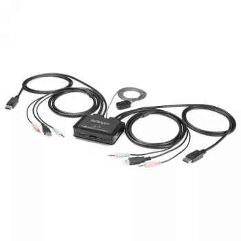 StarTech.com 2 prievadų DisplayPort KVM jungiklis - 4K 60Hz - Kompaktiškas dviejų prievadų UHD DP 1.2 USB darbalaukio KVM jungiklis su 1,2 m kabeliais ir garsu - maitinamas per USB ir nuotolinis perjungimas - MacBook ThinkPad