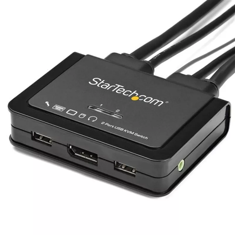 StarTech.com 2 prievadų DisplayPort KVM jungiklis - 4K 60Hz - Kompaktiškas dviejų prievadų UHD DP 1.2 USB darbalaukio KVM jungiklis su 1,2 m kabeliais ir garsu - maitinamas per USB ir nuotolinis perjungimas - MacBook ThinkPad