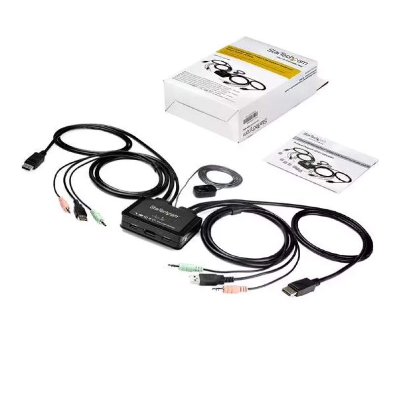 StarTech.com 2 prievadų DisplayPort KVM jungiklis - 4K 60Hz - Kompaktiškas dviejų prievadų UHD DP 1.2 USB darbalaukio KVM jungiklis su 1,2 m kabeliais ir garsu - maitinamas per USB ir nuotolinis perjungimas - MacBook ThinkPad