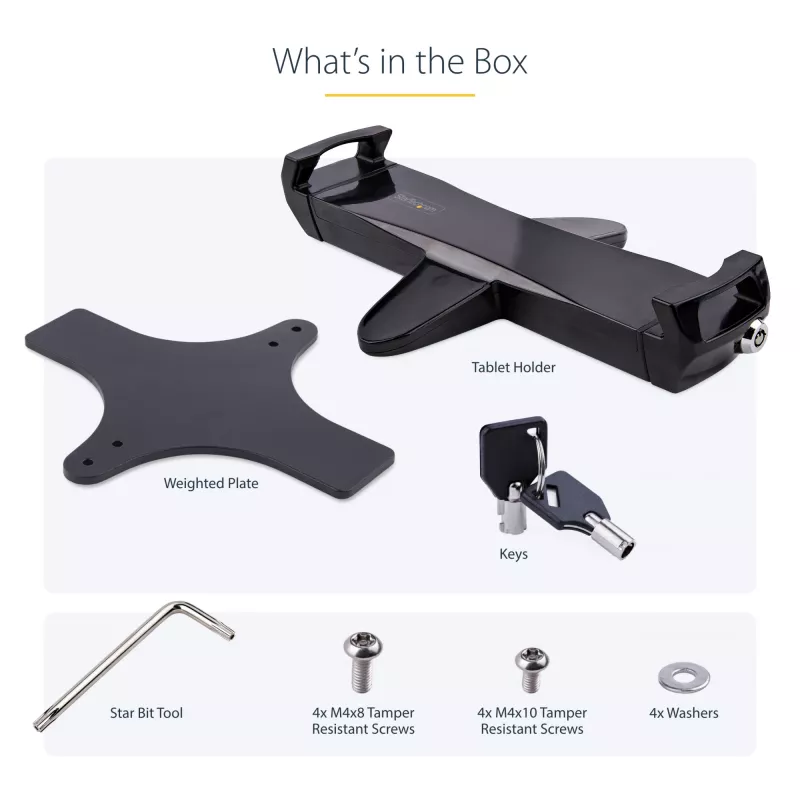 StarTech.com VESA laikiklio adapteris planšetėms 7,9–12,5 col. – iki 2 kg – 75x75/100x100 VESA – universalus apsauginis planšetės laikiklis – juodas