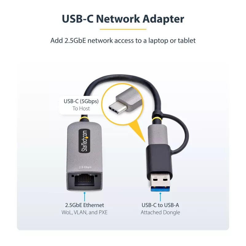 StarTech.com USB-C į Ethernet adapteris 2,5GbE su USB-A keitikliu, NBASE-T NIC, USB 3.0 Type-C 2,5/1G kelių greičių tinklas, suderinamas su Thunderbolt, Windows ir Mac
