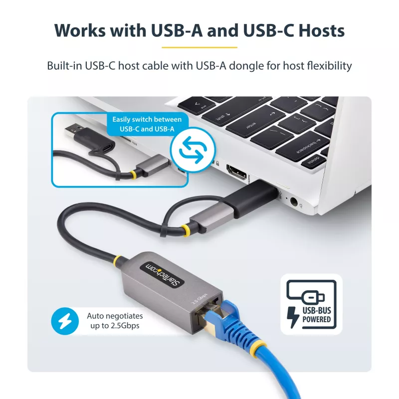 StarTech.com USB-C į Ethernet adapteris 2,5GbE su USB-A keitikliu, NBASE-T NIC, USB 3.0 Type-C 2,5/1G kelių greičių tinklas, suderinamas su Thunderbolt, Windows ir Mac