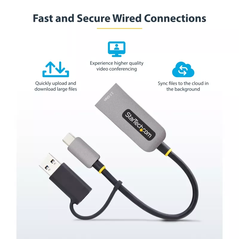 StarTech.com USB-C į Ethernet adapteris 2,5GbE su USB-A keitikliu, NBASE-T NIC, USB 3.0 Type-C 2,5/1G kelių greičių tinklas, suderinamas su Thunderbolt, Windows ir Mac