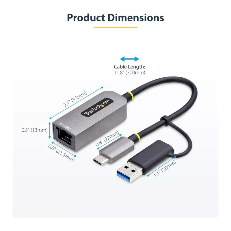 StarTech.com USB-C į Ethernet adapteris 2,5GbE su USB-A keitikliu, NBASE-T NIC, USB 3.0 Type-C 2,5/1G kelių greičių tinklas, suderinamas su Thunderbolt, Windows ir Mac