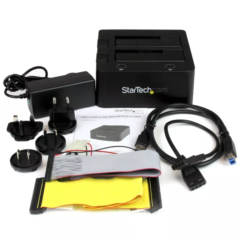 StarTech.com Dual-Bay USB 3.0 į SATA ir IDE kietojo disko dokas, USB išorinis 2.5/3.5 col. SATA I/II/III ir IDE (40 kontaktų) SSD/HDD dokas, karšto keitimo lizdai, įkrovimas iš viršaus