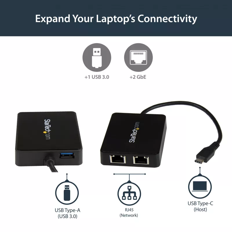 StarTech.com USB-C į dvigubą Gigabit Ethernet adapterį su USB (Type-A) prievadu