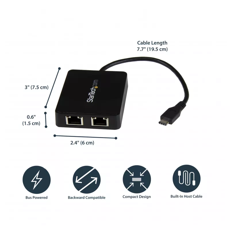 StarTech.com USB-C į dvigubą Gigabit Ethernet adapterį su USB (Type-A) prievadu