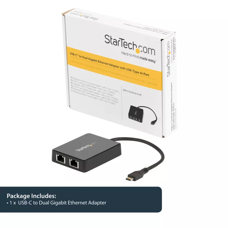 StarTech.com USB-C į dvigubą Gigabit Ethernet adapterį su USB (Type-A) prievadu