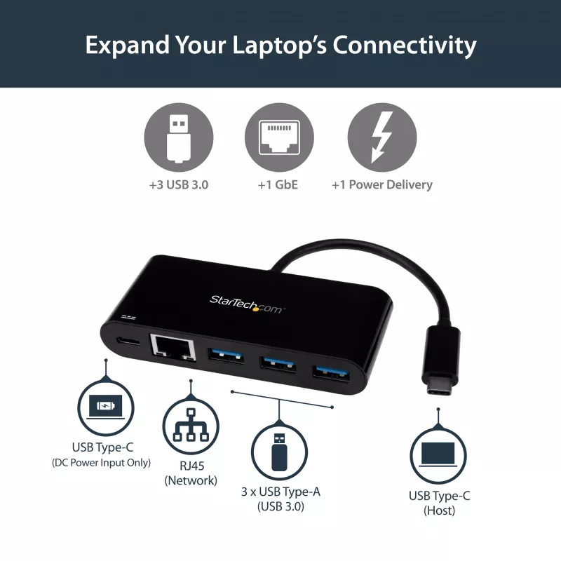 StarTech.com USB-C į Ethernet adapteris su 3 prievadų USB 3.0 stotelė ir Power Delivery