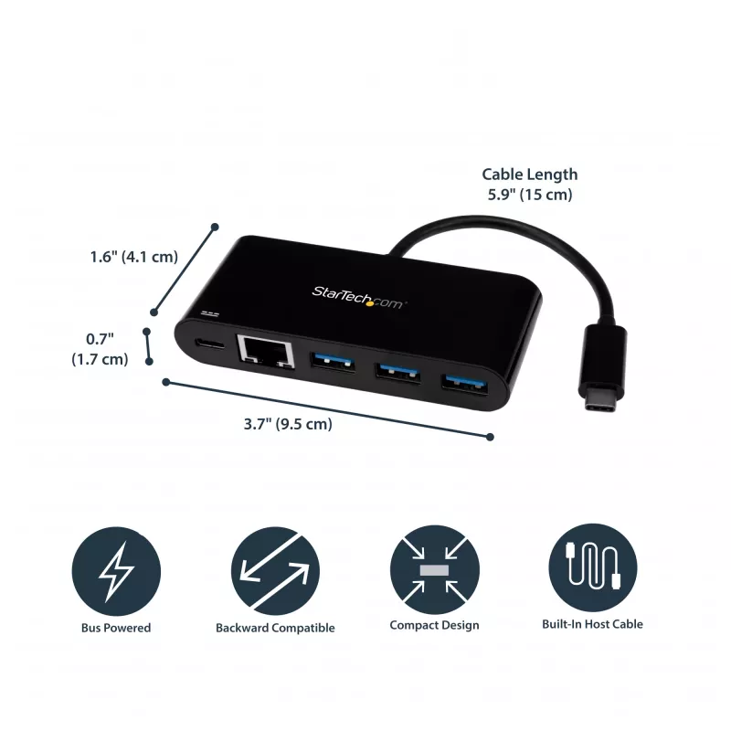 StarTech.com USB-C į Ethernet adapteris su 3 prievadų USB 3.0 stotelė ir Power Delivery