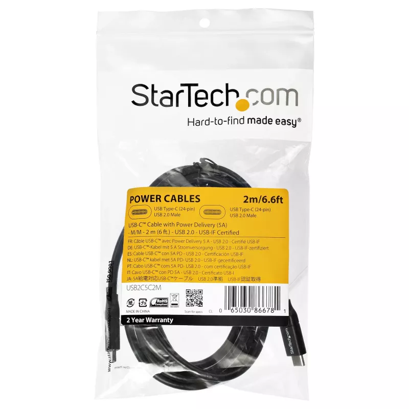StarTech.com USB-C į USB-C laidas su 5A PD – vyriškas/vyriškas – 2 m (6 pėdos) – USB 2.0 – USB-IF sertifikuotas