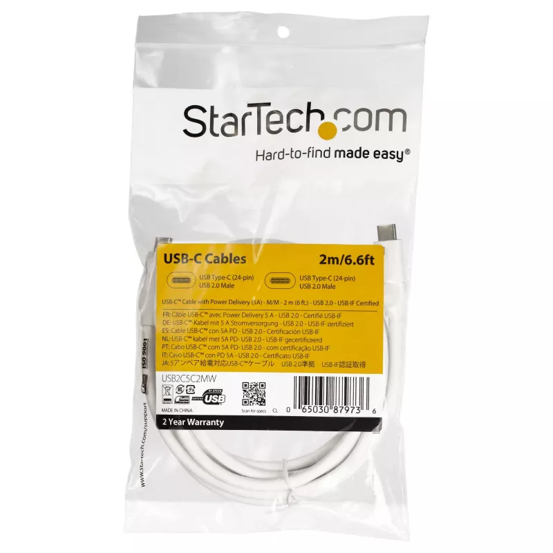 StarTech.com USB-C į USB-C laidas su 5A PD – vyriškas/vyriškas – baltas – 2 m (6 pėdos) – USB 2.0 – USB-IF sertifikuotas