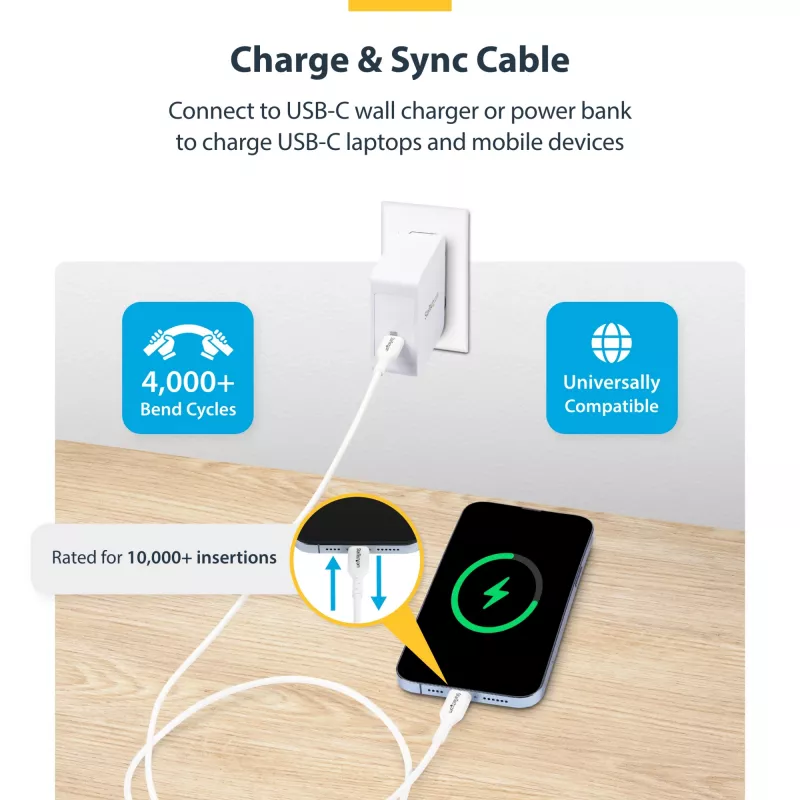 StarTech.com 1m (3.3ft) balta USB-C įkrovimo laidas, USB C laidas, USB 2.0 Type-C nešiojamojo kompiuterio įkroviklio laidas, 60W 3A Power Delivery, TPE apvalkalas, USB-C duomenų perdavimo laidas, M/M
