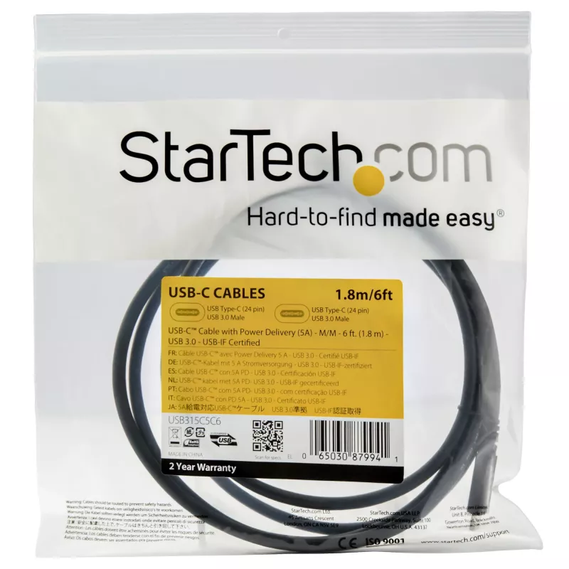 StarTech.com 1,8 m USB C į USB C laidas – 5A, 100W PD 3.0, sertifikuotas Works With Chromebook, USB-IF, vyriškas/vyriškas, USB 3.0 5Gbps, juodas