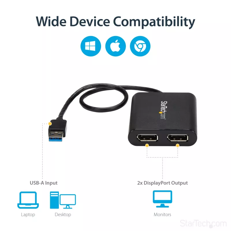 StarTech.com USB 3.0 į Dual DisplayPort adapteris – 4K 60Hz, 3.2 Gen 1 (3.1 Gen 1), USB Type-A, DisplayPort išvestis, 4096 x 2160 pikselių
