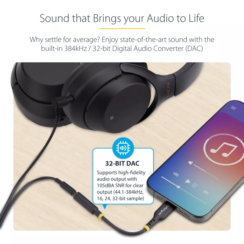 StarTech.com USBCAUDIO2 USB-C–3,5 mm TRRS ausinių / laisvų rankų garso adapteris, 32 bitų DAC, suderinamas su Thunderbolt, 12,7 cm, juodos spalvos