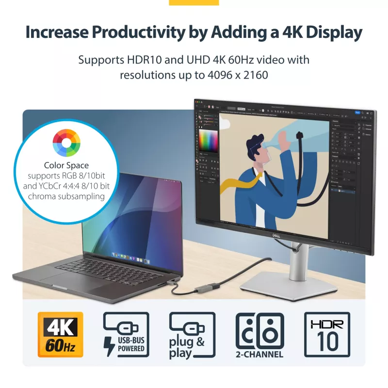 StarTech.com USB-C į HDMI adapteris, 4K 60Hz vaizdas, HDR10, USB-C į HDMI monitoriaus adapteris, suderinamas su USB4 / Thunderbolt