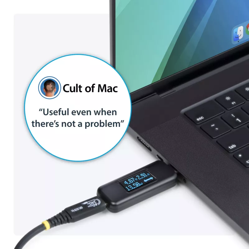 „StarTech.com“ USB-C galios testeris, skaitmeninis multimetras, dvipusis įtampos ir srovės matuoklis, iki 240 W PD EPR, nešiojamas USB-C kabelio ir prievado galios matuoklis