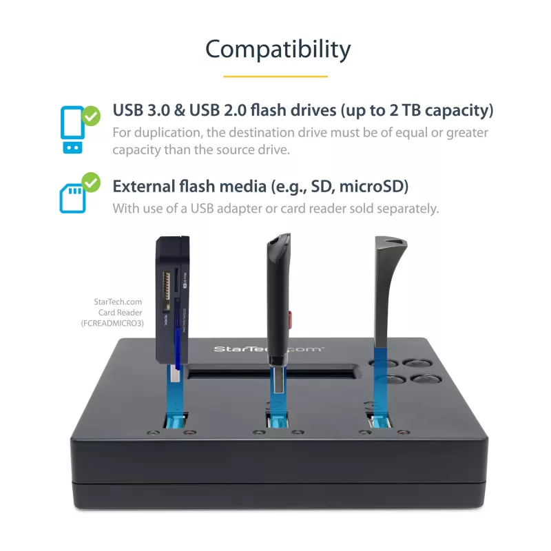 „StarTech.com“ nepriklausomas USB atmintukų kopijavimo ir trynimo įrenginys 1:2, 1,5 GB/min, LCD ekranas