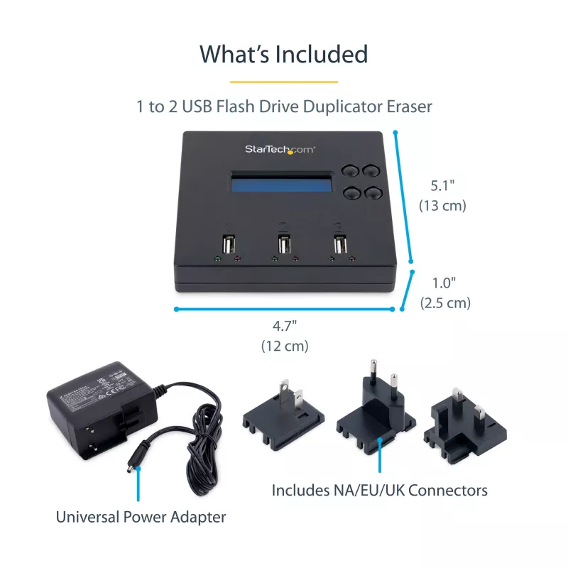 „StarTech.com“ nepriklausomas USB atmintukų kopijavimo ir trynimo įrenginys 1:2, 1,5 GB/min, LCD ekranas