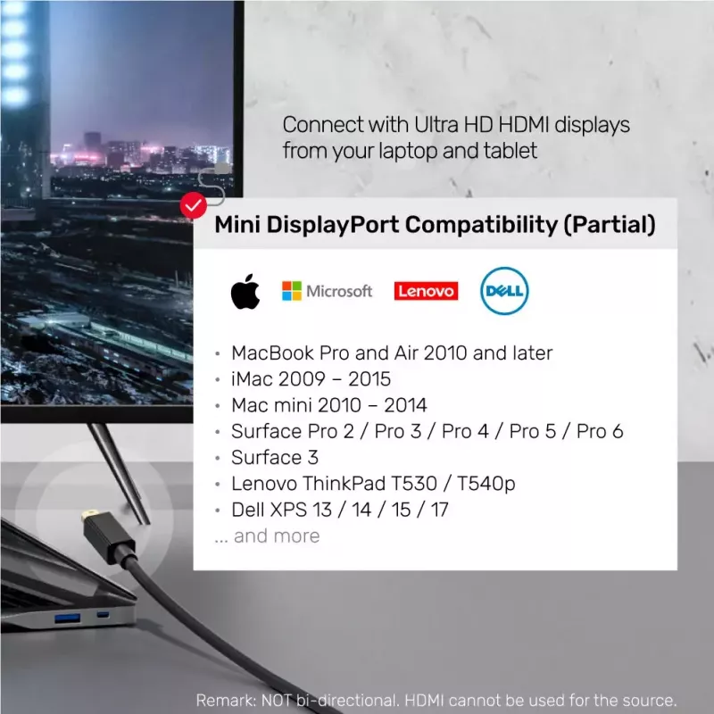 Unitek V1152A Mini DisplayPort į HDMI laidas, 2 m, HDMI 1.4, 4K@30Hz, HDCP 2.0, paauksuoti kontaktai, juodas
