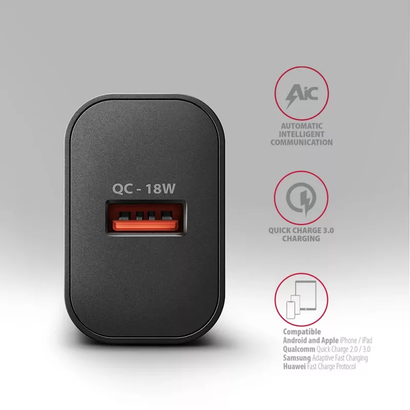 Sieninis įkroviklis Axagon ACU-QC18 QC 3.0 1× OUTPUT 18W, juodas