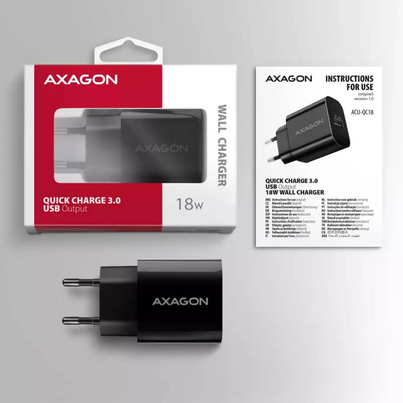 Sieninis įkroviklis Axagon ACU-QC18 QC 3.0 1× OUTPUT 18W, juodas