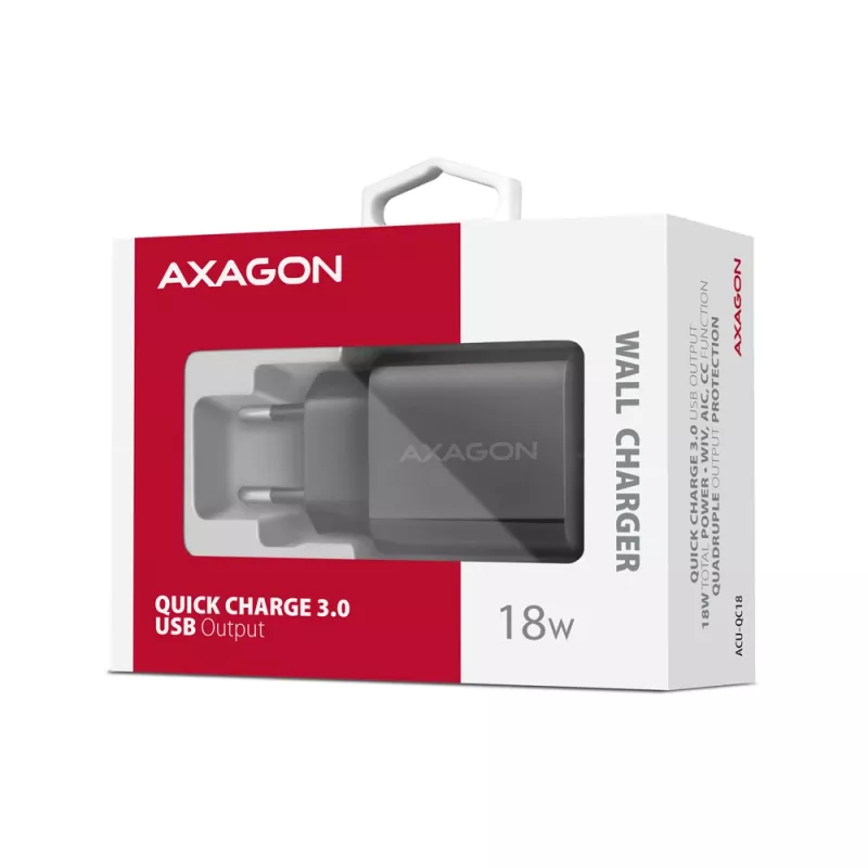 Sieninis įkroviklis Axagon ACU-QC18 QC 3.0 1× OUTPUT 18W, juodas