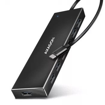 USB 3.2 Gen 1 šakotuvas Axagon HUE-F7C 7x USB-A ALU FLAT, micro USB maitinimas, 30 cm USB-C laidas, 5000 Mbit/s, juodas