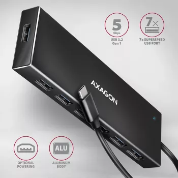 USB 3.2 Gen 1 šakotuvas Axagon HUE-F7C 7x USB-A ALU FLAT, micro USB maitinimas, 30 cm USB-C laidas, 5000 Mbit/s, juodas