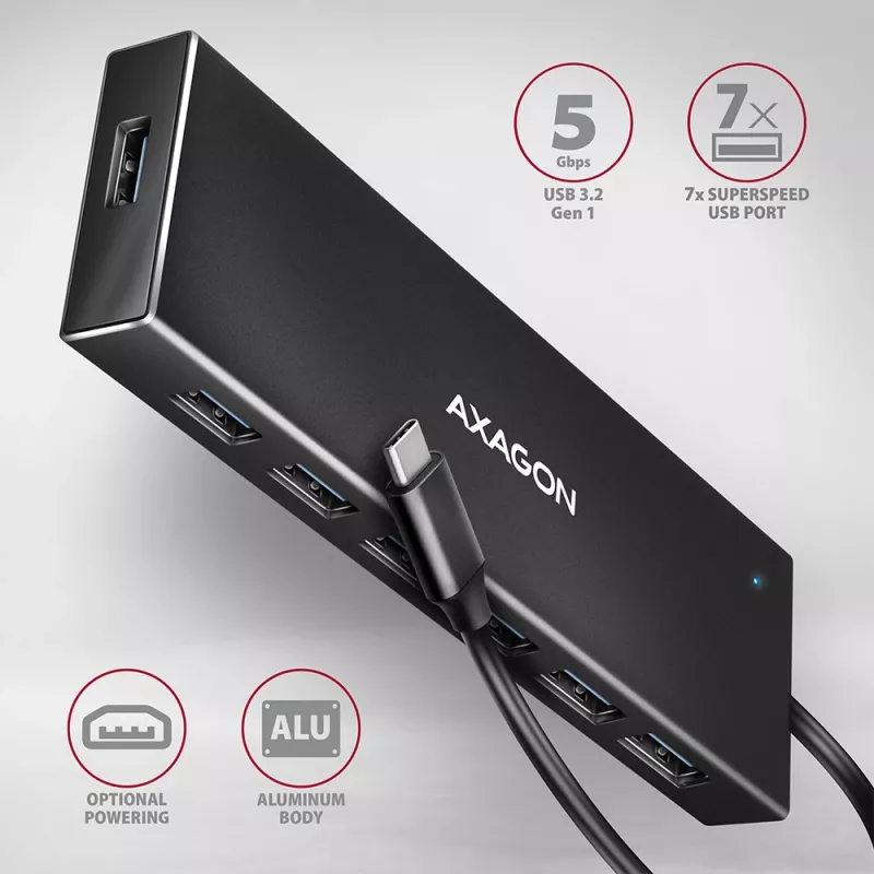 Axagon HUE-F7C 7 prievadų USB 3.2 Gen 1 plokščias aliumininis šakotuvas su įkrova, 7x USB-A, 30 cm USB-C kabelis, jungtis išoriniam maitinimui, juodas