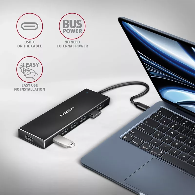 Axagon HUE-F7C 7 prievadų USB 3.2 Gen 1 plokščias aliumininis šakotuvas su įkrova, 7x USB-A, 30 cm USB-C kabelis, jungtis išoriniam maitinimui, juodas