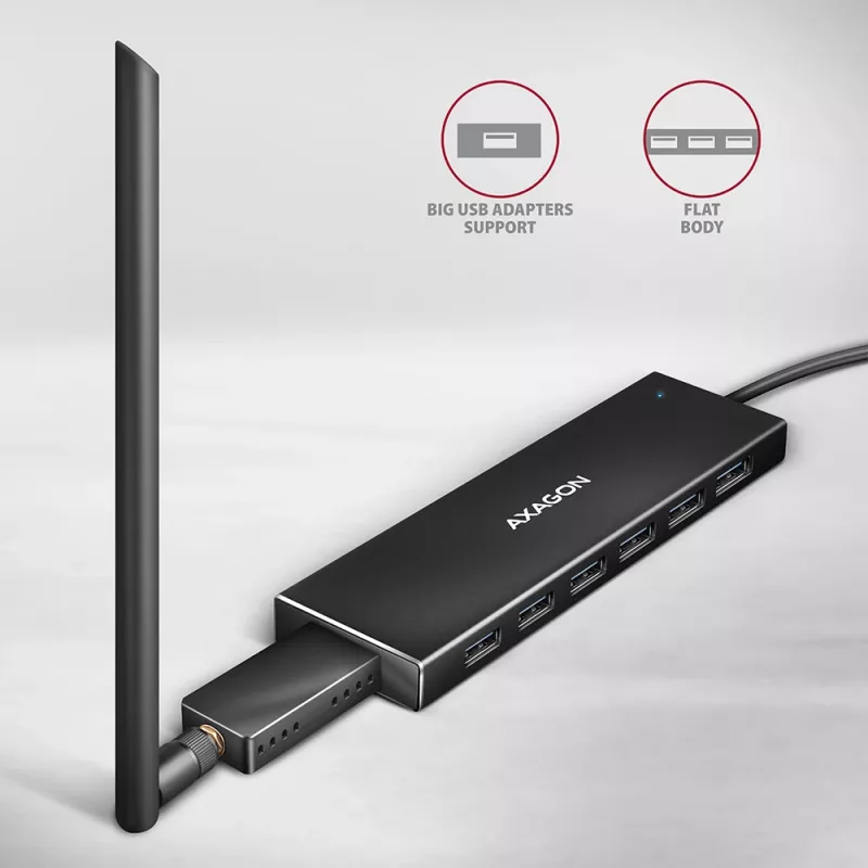 Axagon HUE-F7C 7 prievadų USB 3.2 Gen 1 plokščias aliumininis šakotuvas su įkrova, 7x USB-A, 30 cm USB-C kabelis, jungtis išoriniam maitinimui, juodas