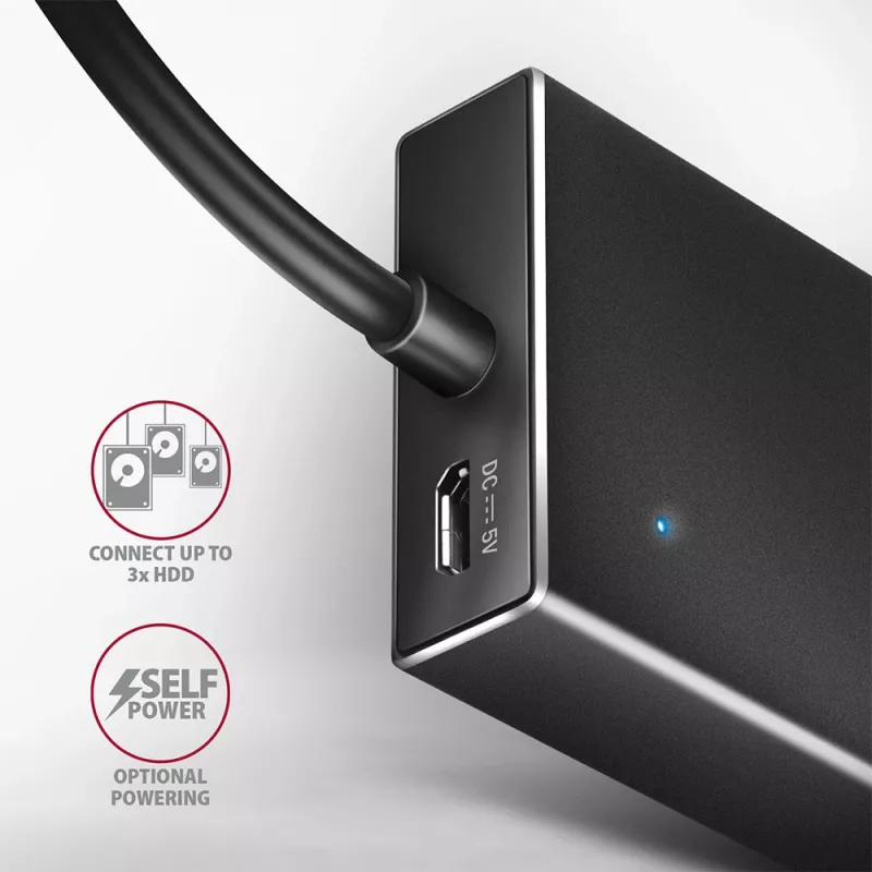 Axagon HUE-F7C 7 prievadų USB 3.2 Gen 1 plokščias aliumininis šakotuvas su įkrova, 7x USB-A, 30 cm USB-C kabelis, jungtis išoriniam maitinimui, juodas