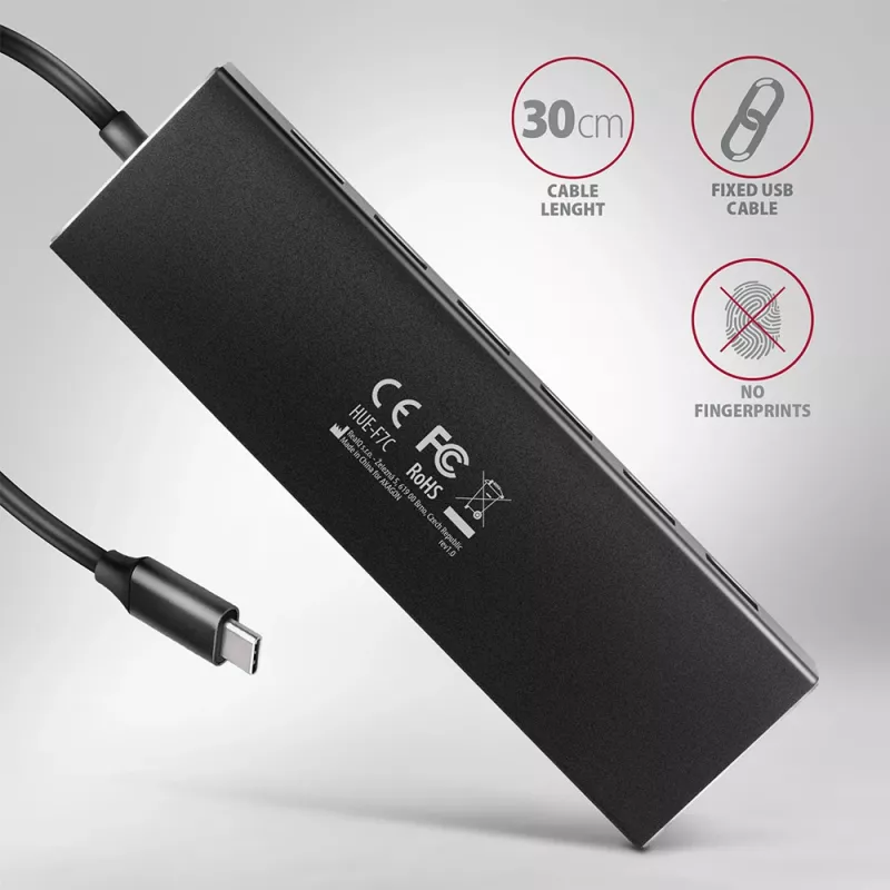 Axagon HUE-F7C 7 prievadų USB 3.2 Gen 1 plokščias aliumininis šakotuvas su įkrova, 7x USB-A, 30 cm USB-C kabelis, jungtis išoriniam maitinimui, juodas