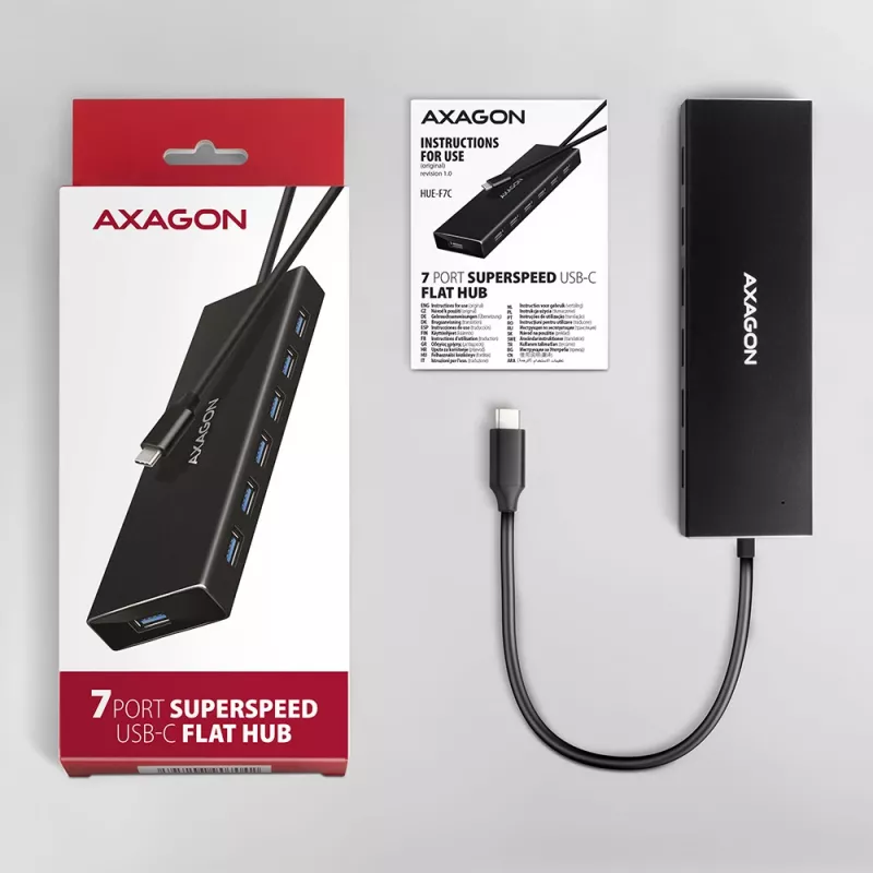 Axagon HUE-F7C 7 prievadų USB 3.2 Gen 1 plokščias aliumininis šakotuvas su įkrova, 7x USB-A, 30 cm USB-C kabelis, jungtis išoriniam maitinimui, juodas