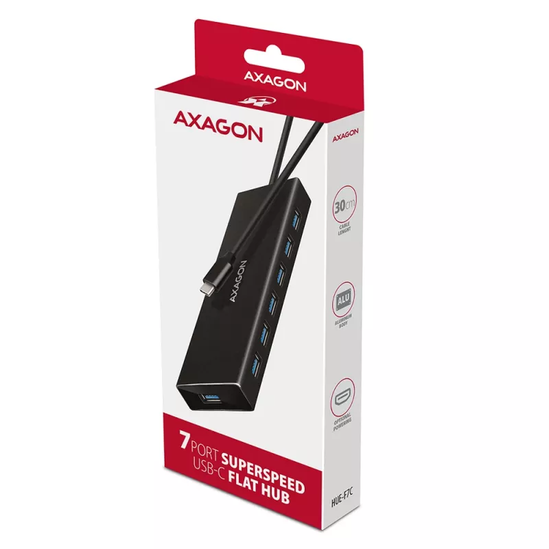 Axagon HUE-F7C 7 prievadų USB 3.2 Gen 1 plokščias aliumininis šakotuvas su įkrova, 7x USB-A, 30 cm USB-C kabelis, jungtis išoriniam maitinimui, juodas