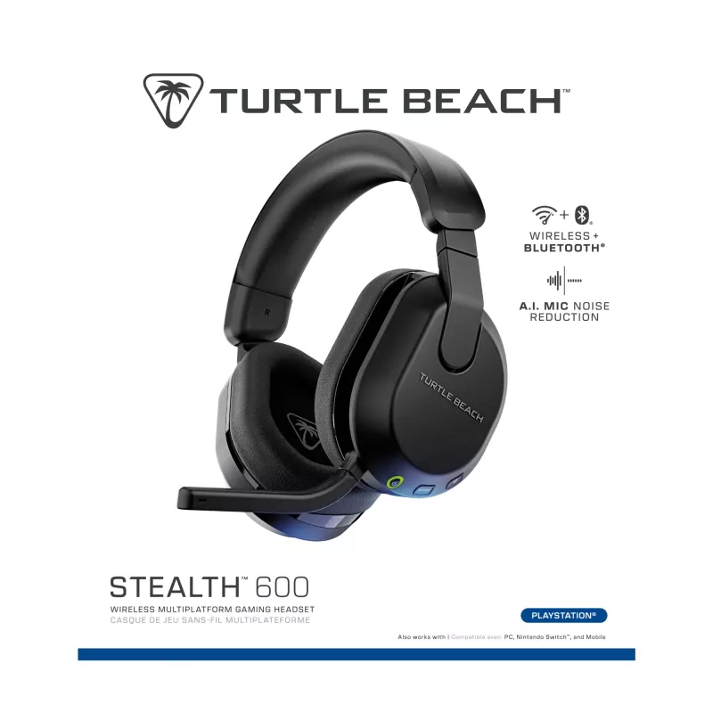 Turtle Beach Stealth 600 Juoda belaidė žaidimų ausinė PlayStation, iki 80 val. baterija, 50 mm garsiakalbiai, Bluetooth, skirta PS5, PS4, PC ir mobiliems įrenginiams