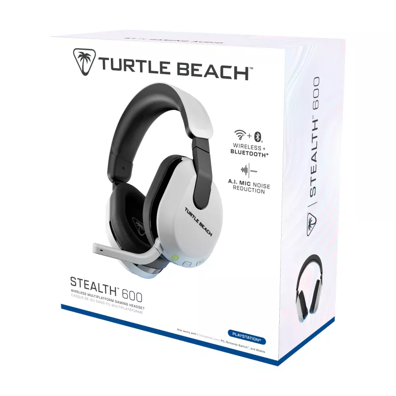 Turtle Beach Stealth 600 Gen 3 Baltas belaidis žaidimų ausinių komplektas PlayStation, PS5, PS4, PC ir mobiliems įrenginiams, 80 val. baterija, 50 mm garsiakalbiai, Bluetooth