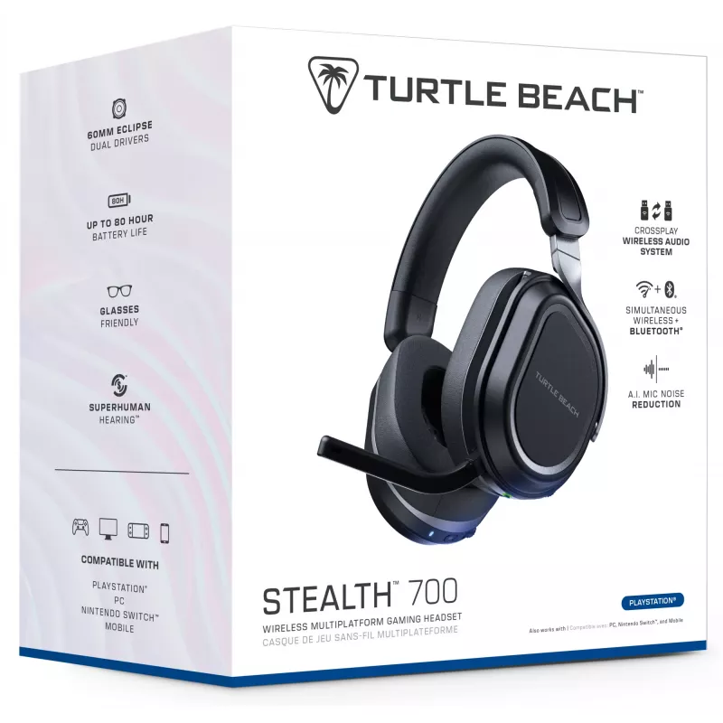 Turtle Beach Stealth 700 Black PlayStation belaidės žaidimų ausinės su 80 val. baterija, Bluetooth, dviem siųstuvais ir 60 mm garsiakalbiais, skirtos PS5, PS4, PC ir mobiliems įrenginiams