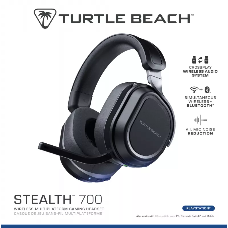 Turtle Beach Stealth 700 Black PlayStation belaidės žaidimų ausinės su 80 val. baterija, Bluetooth, dviem siųstuvais ir 60 mm garsiakalbiais, skirtos PS5, PS4, PC ir mobiliems įrenginiams